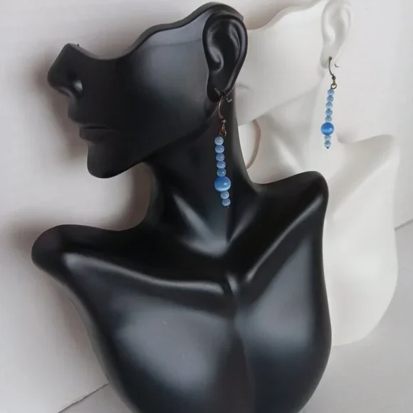 Hand Crafted Periwinkle Blue Dangle Earrings With Banded Agate Round Beads NWT - Picture 11 of 16